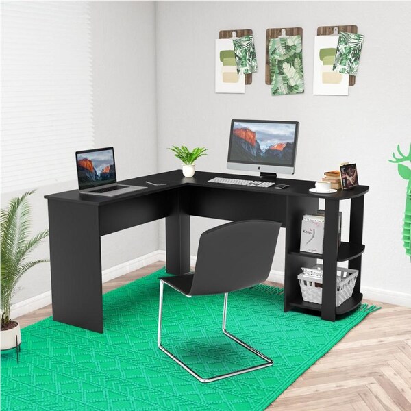 Advwin 140cm L Shaped Computer Desk Corner Study Table Shelf Home Office Workstation Black