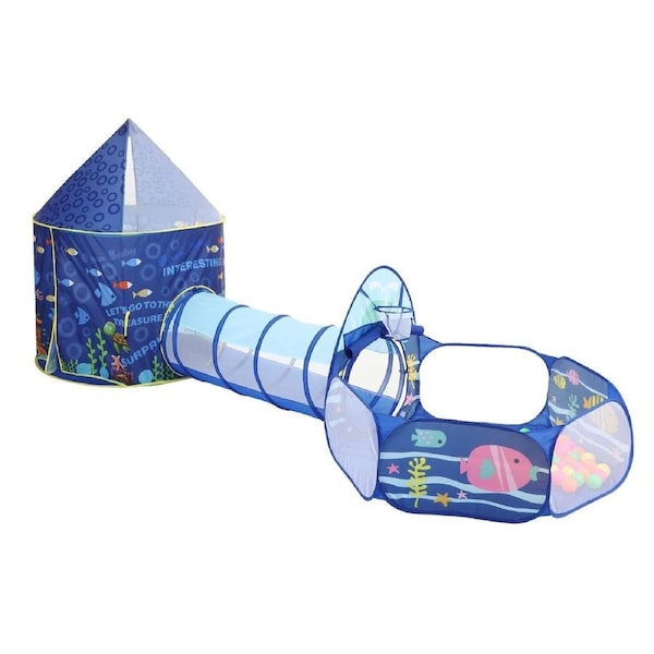 3-In-1 Kids Play Tent House Baby Crawl Tunnel Ball Pit with Basketball Hoop