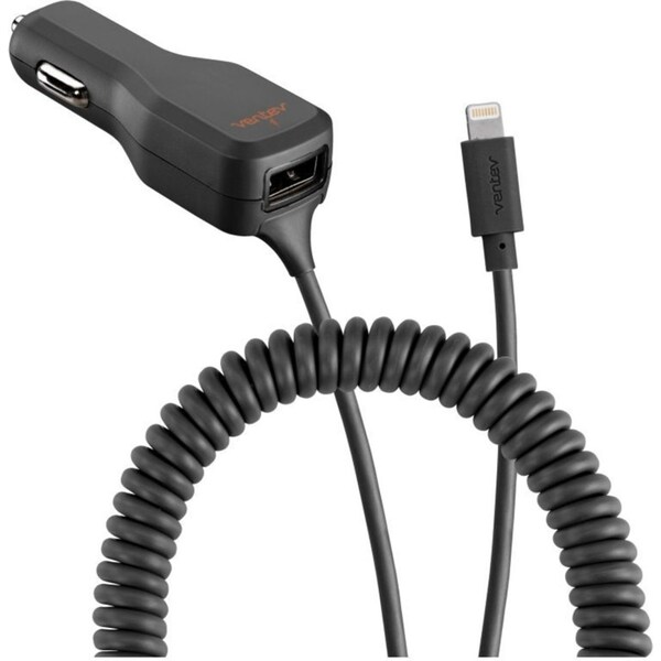 Ventev USB-A MFI-Certified Lightning Coiled Cable Dual Car Charger for iPhone