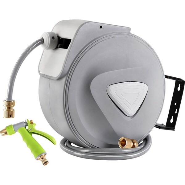 20M Green Fingers Water Hose Reel Retractable Auto Rewind Garden Brass Spray Gun