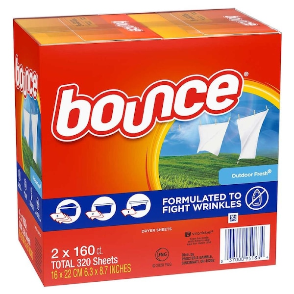 Bounce Fabric Softener Dryer Sheets Outdoor Fresh 2 x 160 Sheets (320 SHEETS)
