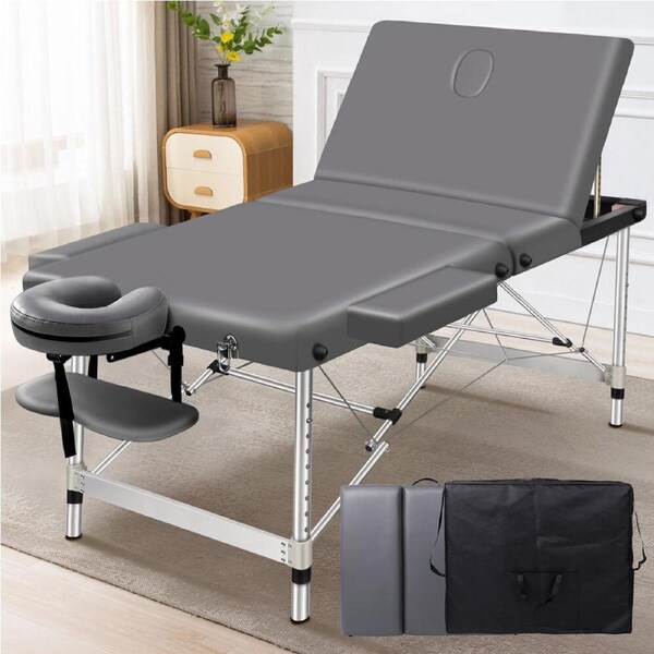 Alfordson Massage Table 3 Fold Aluminium Portable Massage Table PU Leather Grey 65cm