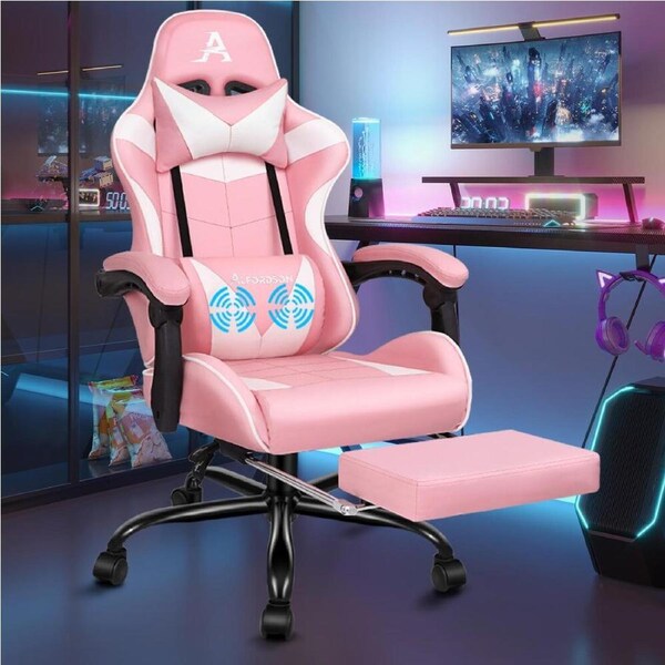 Alfordson Gaming Chair Office Executive Racing Footrest Seat PU Leather Pink