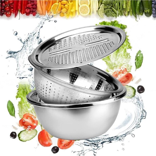 3 in 1 Kitchen Multipurpose Grater, Salad Maker Bowl With Stainless Steel Drain Basin Basket