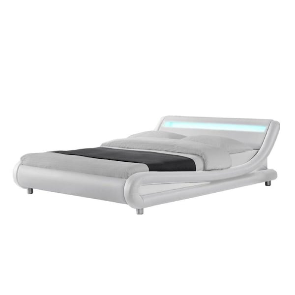 Design Square Modern Designer Queen PU Leather Bed Frame With LED Light - White
