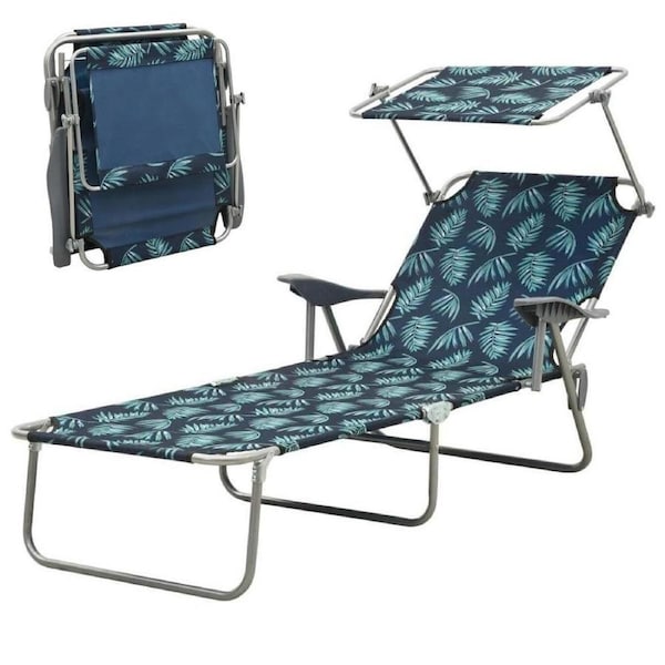 Portable Reclining Sun Lounger With Canopy Outdoor Beach Garden Bed Deck Chair