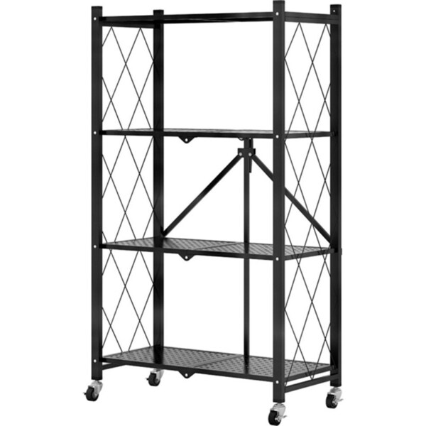 SOGA 4 Tier Steel Black Foldable Kitchen Cart Multi-Functional Shelves Storage Organizer with Wheels