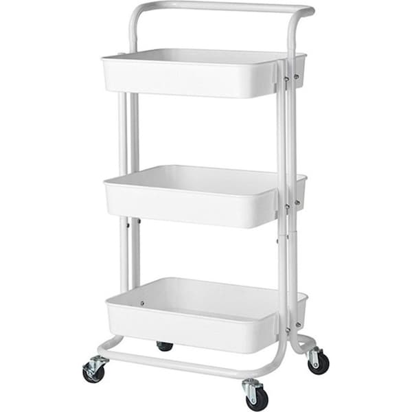 SOGA 3 Tier Steel White Movable Kitchen Cart Multi-Functional Shelves Storage Organizer with Wheels