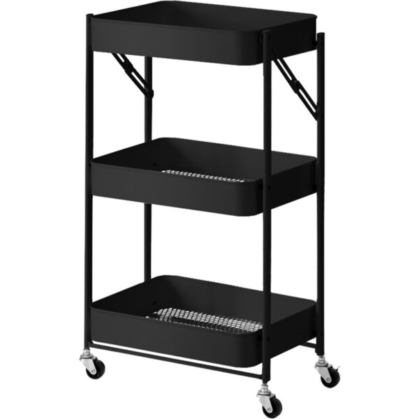 SOGA 3 Tier Steel Black Foldable Kitchen Cart Multi-Functional Shelves Storage Organizer with Wheels