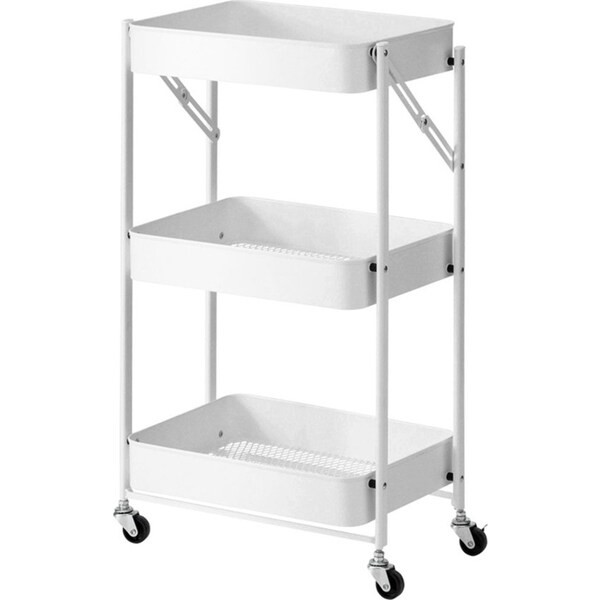 SOGA 3 Tier Steel White Foldable Kitchen Cart Multi-Functional Shelves Storage Organizer with Wheels