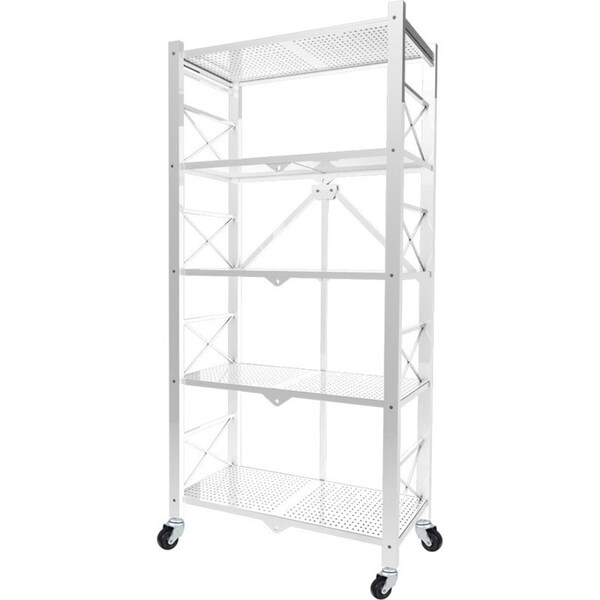 SOGA 5 Tier Steel White Foldable Display Stand Multi-Functional Shelves Storage Organizer with Wheels