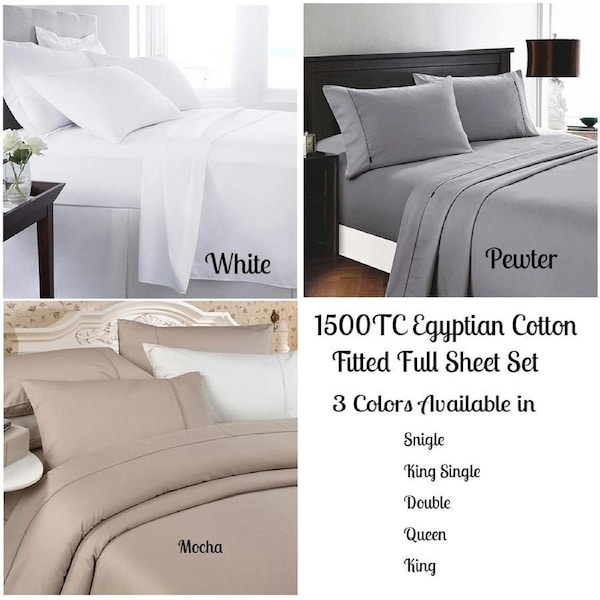 1500TC Egyptian Cotton Fitted Full Sheet Set White / King