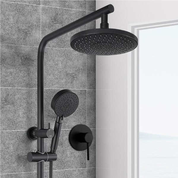 ACA WELS 8'' Shower Head Set Sliding Rail 5-Mode Handheld Spray with Mixer Round Black