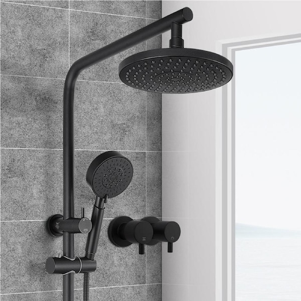 ACA WELS 8'' Shower Head Set Sliding Rail 5-Mode Handheld Spray with Twin Taps Round Black