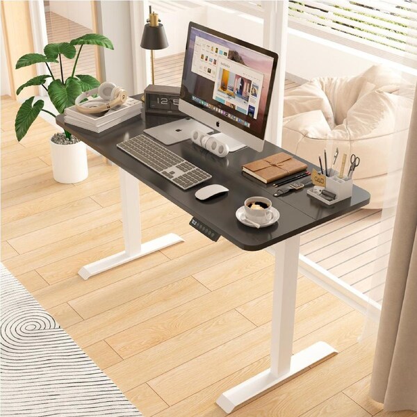 Advwin Electric Standing Desk Adjustable Height Ergonomic Stand Up Desk Motorised Sit Stand Desk 140cm Splice Board White Frame/Black Desktop