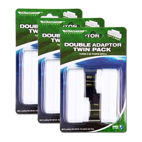 3x Ultracharge Double AC Adaptor Twin Left & Right 4 Outlets Plug Extender White