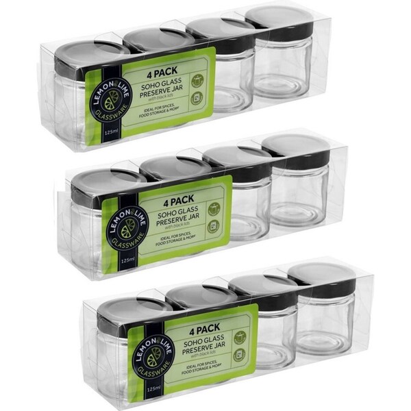 12PK Lemon & Lime Soho Glass Preserve Jar 125ml w/ Black Lid Storage Container