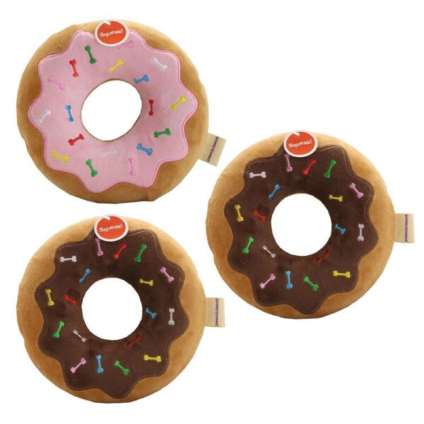 3x Paws & Claws 20cm Fast Food Mega Donut Squeaker Dog Toy Teething Plush Assort