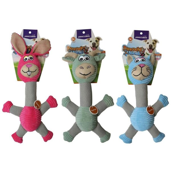 3x Paws & Claws Dog Toy 30cm Stretchy Neck Animal Pet Squeaky Stuffed Plush Asst