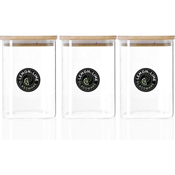 3x Lemon & Lime Camden 1.1L Glass Jar Square Storage Container w/ Bamboo Lid CLR