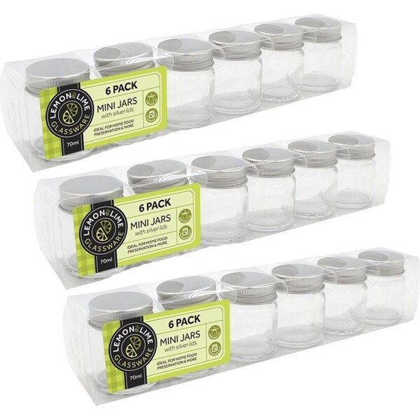 18PK Lemon & Lime Glass Round Jar 70ml Silver Lid Home Kitchen Storage Container