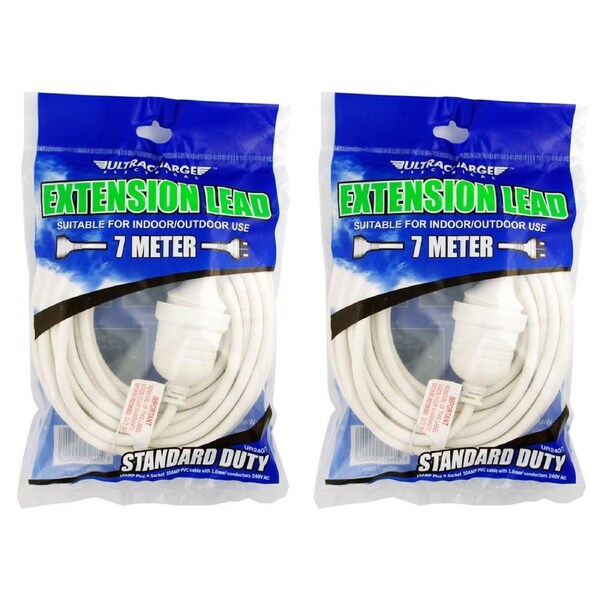 2x Ultracharge Extension Lead 7m Cable Cord Suitable for Indoor/Outdoor Use WHT