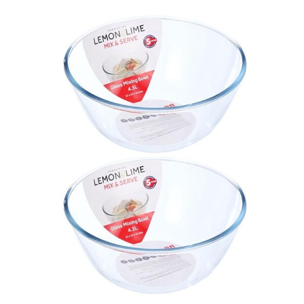 2x Lemon & Lime Yorkshire 27cm Glass Mixing Bowl 4.3L Round Dish Bakeware Clear