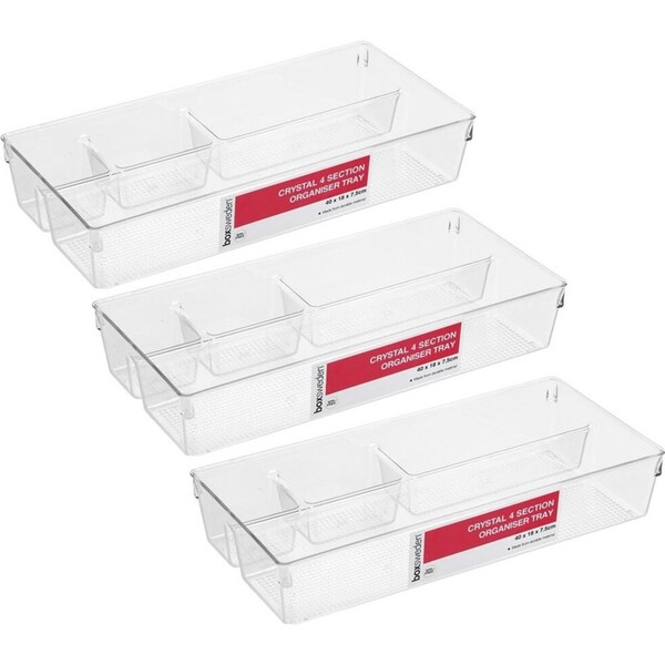3x Boxsweden Crystal Organiser Tray 4 Section 40cm Storage Holder Container CLR