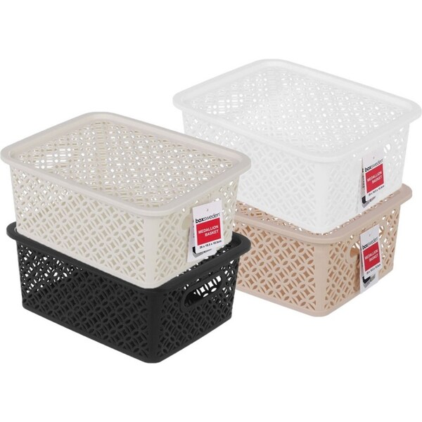 4x Boxsweden Medallion Basket 5L w/Lid 26cm Home Storage Baskets Container Asst