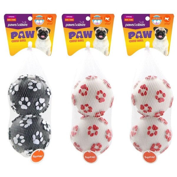 3x 2PK Paws & Claws 10cm Paw Print Ball Dog Toy Chew Teething Game Play Asst.