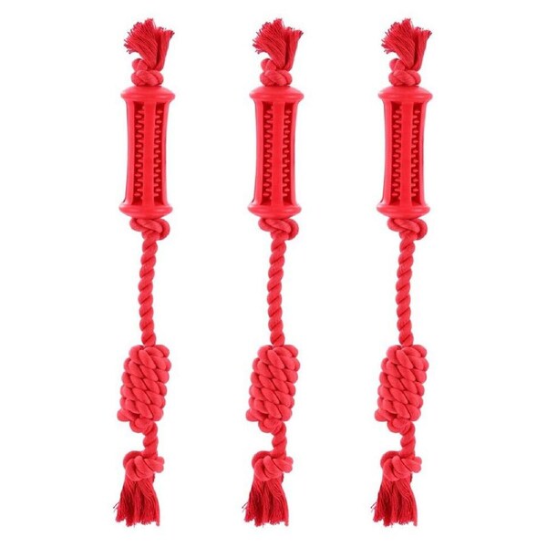 3x Paws & Claws 38cm Beef Flavour-Bone Rope Tugger Rubber Dog Toy Gums Clean Red