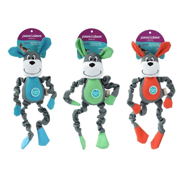 3x Paws & Claws 40cm Stretchy Leg Pup Plush Dog Chew Toy Dental w/ Squeaker Asst