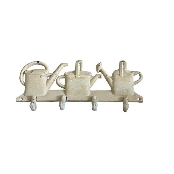 Mr Gecko Cast Iron Hand Made Wall 4 Hook Hanger Watering Can Design Antique White