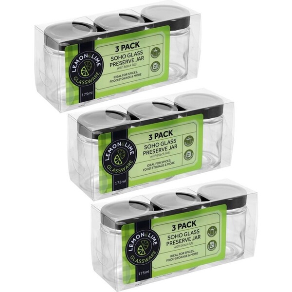 3x 3PK Lemon & Lime Soho Glass Preserve Jar 260ml w/ Black Lid Storage Container