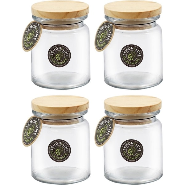 4x Lemon & Lime Glass Jar With Wooden Lid 250ml 10.5cm Kitchen Storage Container