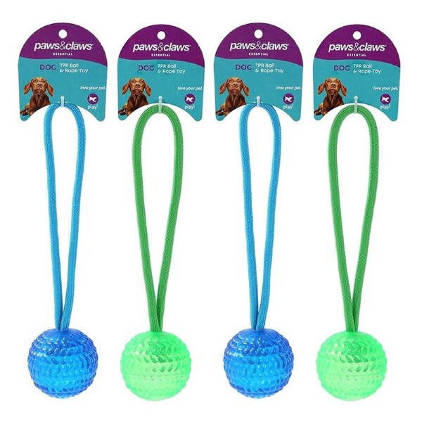 4x Paws & Claws 25cm TPR Rubber Ball & Rope Dog Pet Toy Play Interactive Game