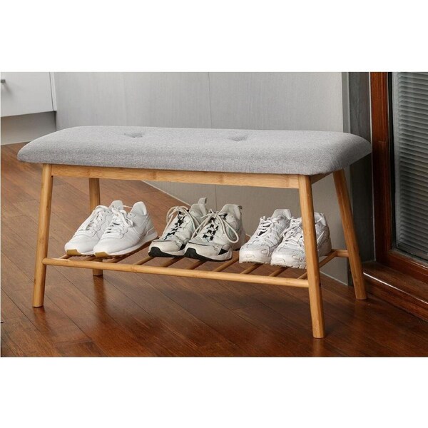 Bamboo Shoe Rack Bench Seat Storage with Grey Cushion - 900mm