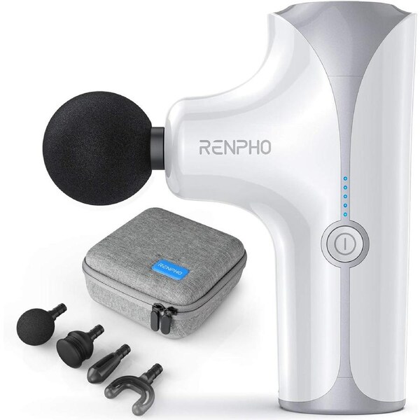 RENPHO Mini Massage Gun Deep Tissue Percussion Muscle Massager Handheld Electric Massager for Athletes with 4 Heads and 5 Modes, Portable Size, Long Battery Life, White