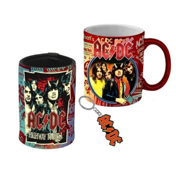 ACDC Metallic Coffee Mug Cup with Can Cooler and Keyring Gift Set