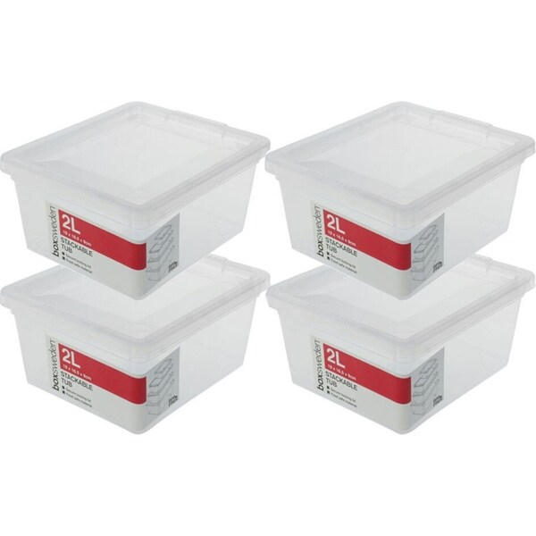 4x Boxsweden Essentials 2L Stackable Box 19cm Storage Organiser Container Clear
