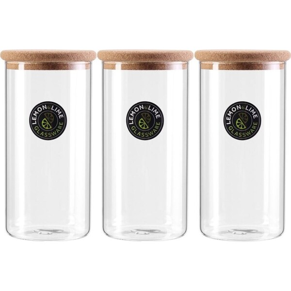 3x Lemon & Lime Stockholm Glass Canister 1.3L Cork Lid Kitchen Storage Container