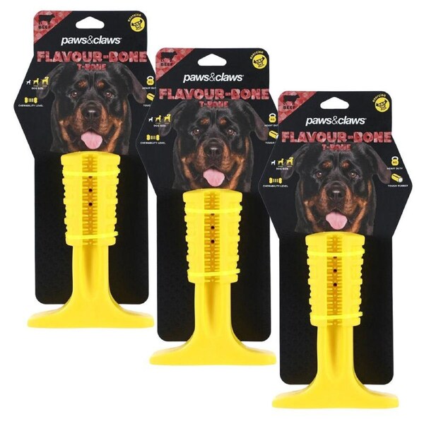 3x Paws & Claws 17cm Flavour-Bone T Bone Beef Flavoured Rubber Dog Chew Toy YL