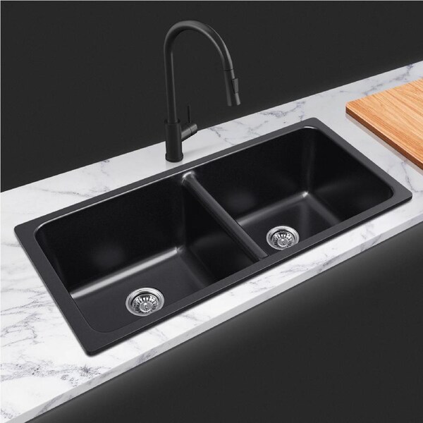 ACA Kitchen Sink 838.2x476.7x241mm Granite Stone Double Bowls Laundry Basin Black
