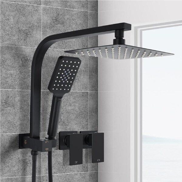 ACA WELS Square 8'' Ultrathin Rainfall Shower Head 3-MODE Handheld Set Gooseneck Arm Diverter Twin Taps Black