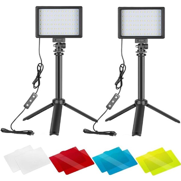 Neewer Dimmable 5600K USB LED Video Light 2-Pack with Adjustable Tripod Stand and Color Filters for Tabletop/Low-Angle Shooting, Zoom/Video Conference Lighting/Game Streaming/YouTube Video Photography