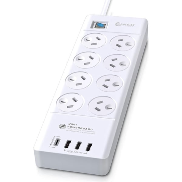 Sansai 8-Way Power Outlet 2400W Surge Protected Board Charger Ports USB-A/USB-C