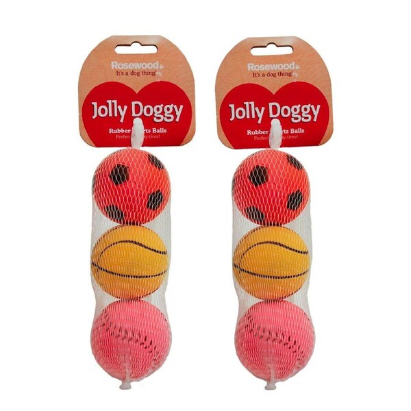 6pc Rosewood Jolly Doggy Rubber Sport Balls Throw/Fetch Pet Dog Play Time Toy