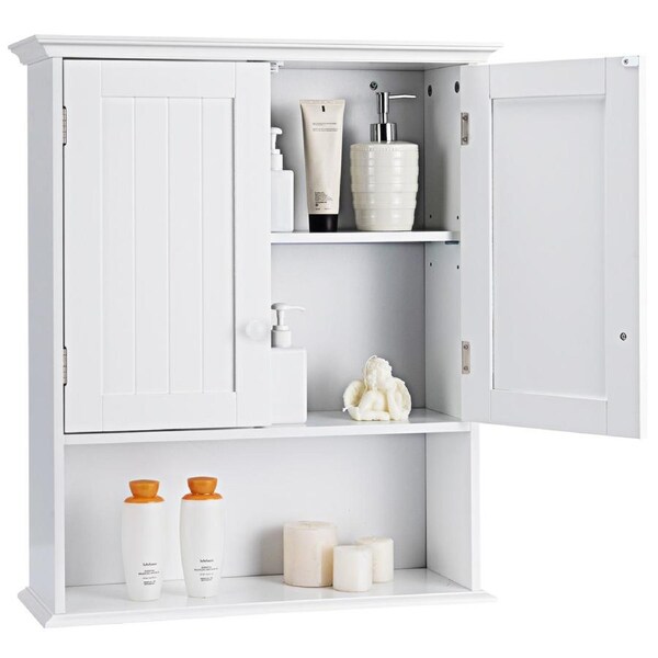 Bathroom Wall Cabinet Wooden Medicine Cabinet w/2-Door & Open Shelf Wall Mounted Storage Cupboard Organiser for Kitchen/Laundry White