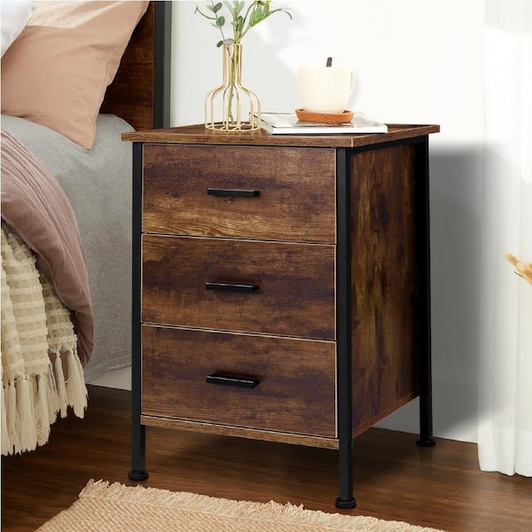 Alfordson Bedside Table Retro Nightstand 3 Drawers Dark Oak