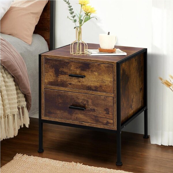 Alfordson Bedside Table Retro Nightstand 2 Drawers Dark Oak